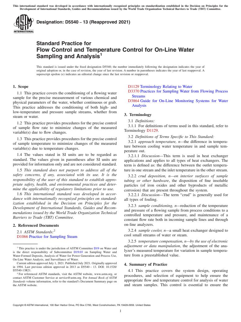 ASTM D5540-13(2021) - Standard Practice for  Flow Control and Temperature Control for On-Line Water Sampling  and Analysis