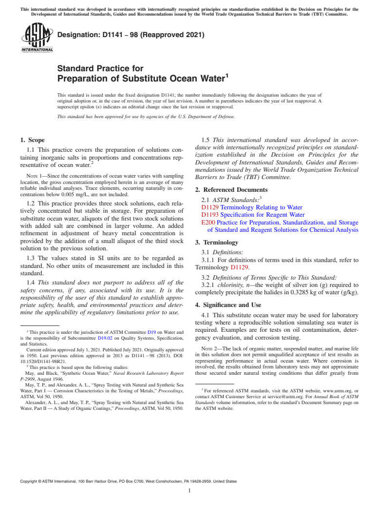 ASTM D1141-98(2021) - Standard Practice for  Preparation of Substitute Ocean Water