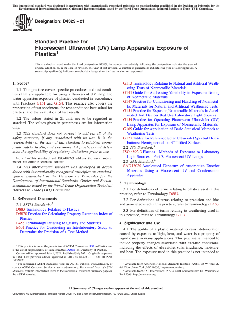 ASTM D4329-21 - Standard Practice for Fluorescent Ultraviolet (UV) Lamp Apparatus Exposure of Plastics