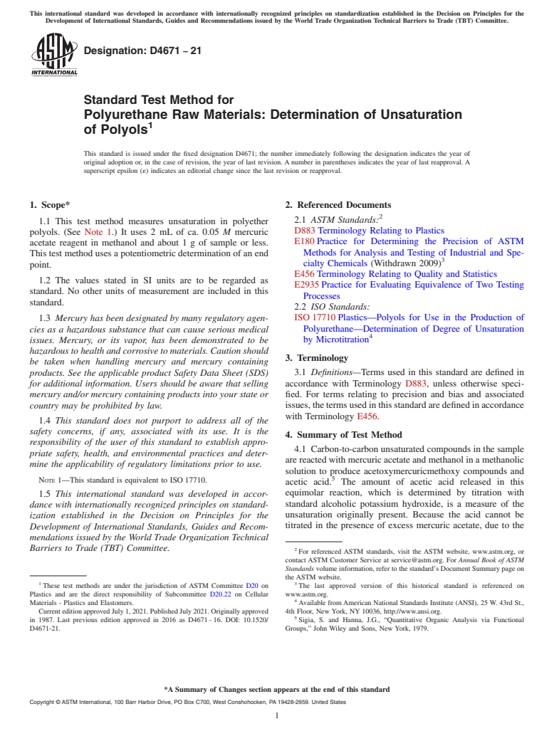 ASTM D4671-21 - Standard Test Method for Polyurethane Raw Materials: Determination of Unsaturation of  Polyols