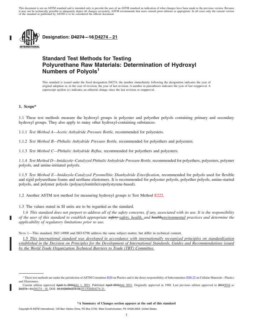 REDLINE ASTM D4274-21 - Standard Test Methods for Testing Polyurethane Raw Materials: Determination of Hydroxyl Numbers  of Polyols