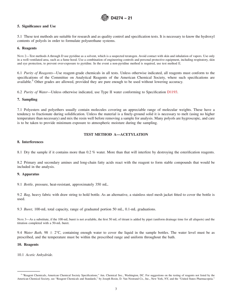 REDLINE ASTM D4274-21 - Standard Test Methods for Testing Polyurethane Raw Materials: Determination of Hydroxyl Numbers  of Polyols