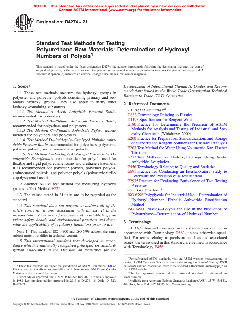 ASTM D4274-21 - Standard Test Methods for Testing Polyurethane Raw Materials: Determination of Hydroxyl Numbers  of Polyols