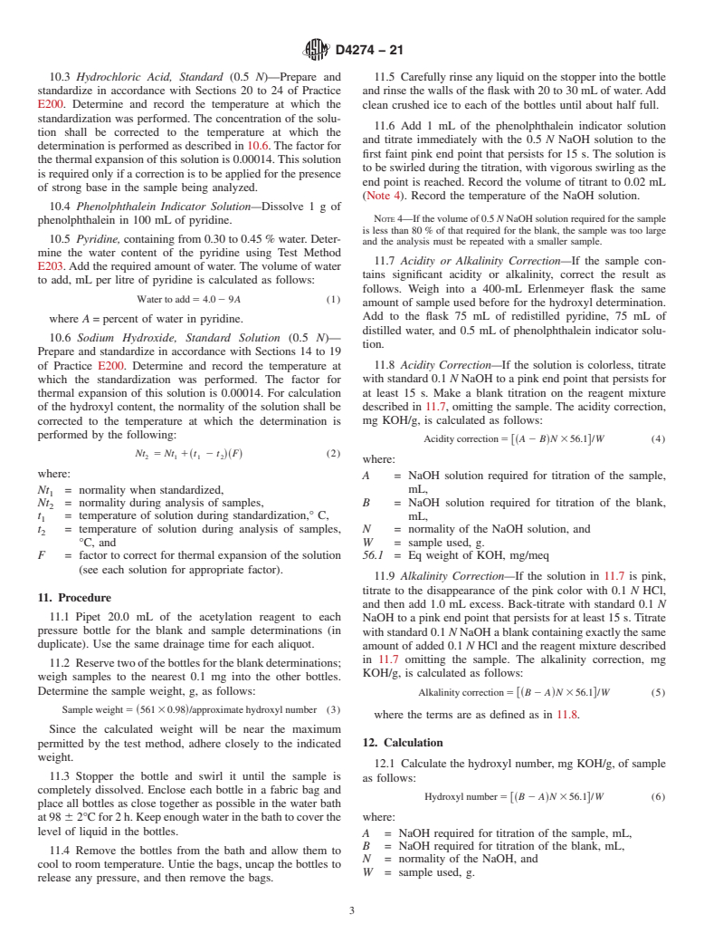 ASTM D4274-21 - Standard Test Methods for Testing Polyurethane Raw Materials: Determination of Hydroxyl Numbers  of Polyols