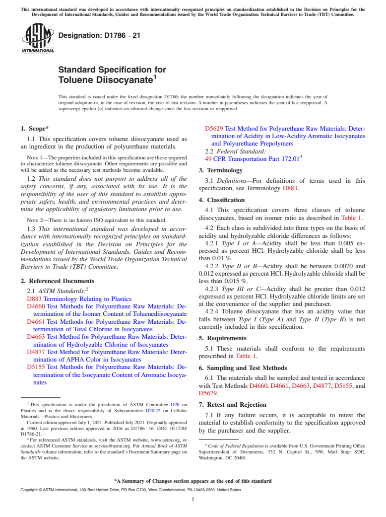 ASTM D1786-21 - Standard Specification for Toluene Diisocyanate