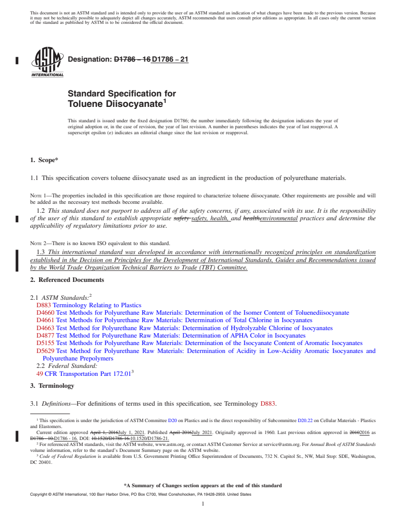 REDLINE ASTM D1786-21 - Standard Specification for Toluene Diisocyanate