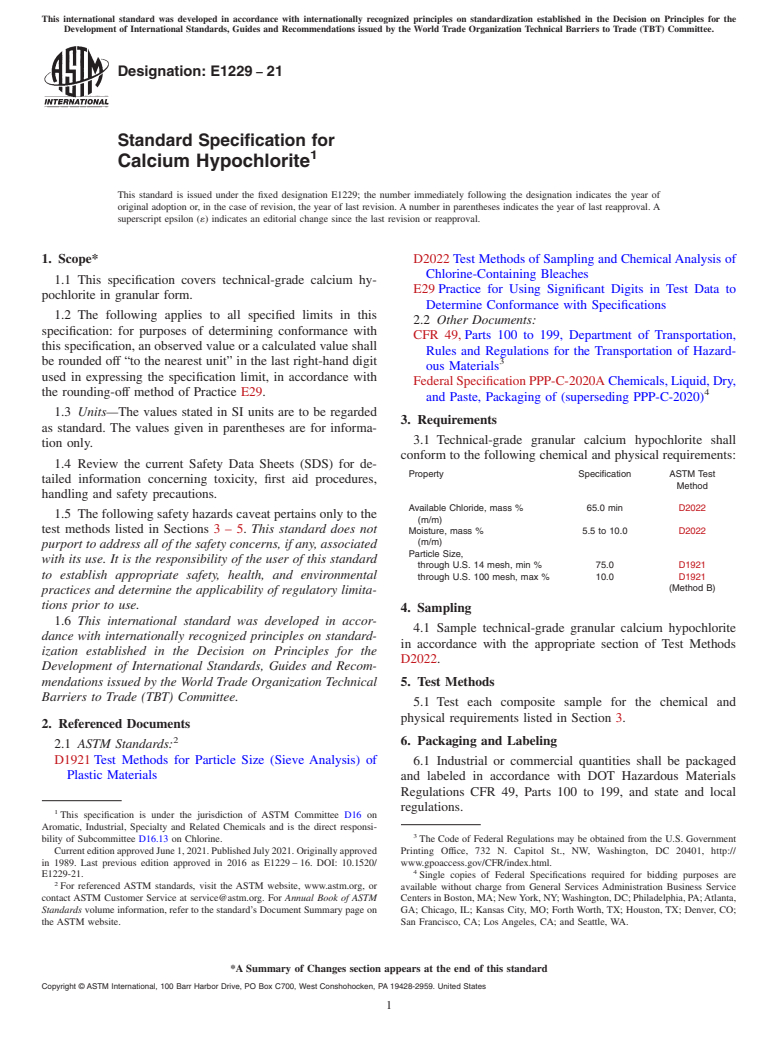 ASTM E1229-21 - Standard Specification for Calcium Hypochlorite