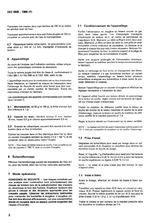ISO 4935:1989 ISO 4935:1989 - Aciers et fontes -- Dosage du soufre -- Méthode par absorption dans l'infrarouge apres combustion dans un four a induction - Page 4 preview