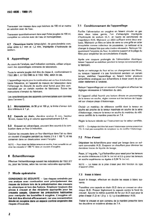 ISO 4935:1989 ISO 4935:1989 - Aciers et fontes -- Dosage du soufre -- Méthode par absorption dans l'infrarouge apres combustion dans un four a induction - Page 4 preview