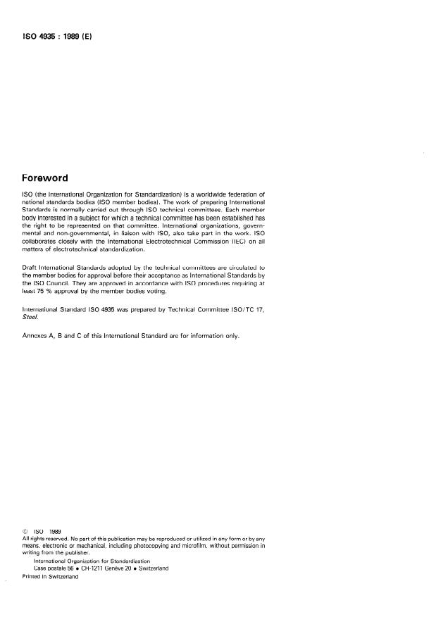 ISO 4935:1989 ISO 4935:1989 - Steel and iron -- Determination of sulfur content -- Infrared absorption method after combustion in an induction furnace - Page 2 preview