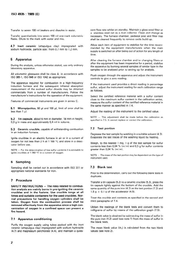 ISO 4935:1989 ISO 4935:1989 - Steel and iron -- Determination of sulfur content -- Infrared absorption method after combustion in an induction furnace - Page 4 preview