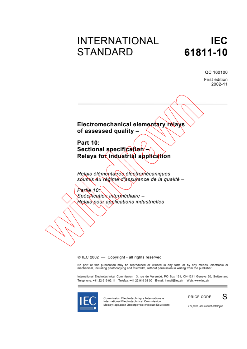 IEC 61811-10:2002 - Electromechanical elementary relays of assessed quality - Part 10: Sectional specification - Relays for industrial application
Released:11/21/2002
Isbn:2831867509