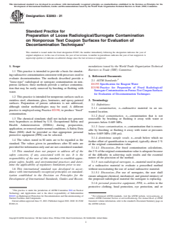 ASTM E3283-21 ASTM E3283-21 - Standard Practice for Preparation of Loose Radiological/Surrogate Contamination on Nonporous Test Coupon Surfaces for Evaluation of Decontamination Techniques - Page 1 preview