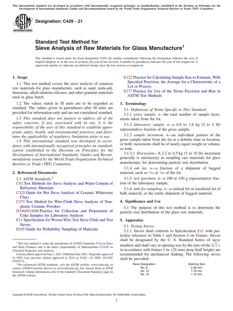 ASTM C429-21 - Standard Test Method for  Sieve Analysis of Raw Materials for Glass Manufacture