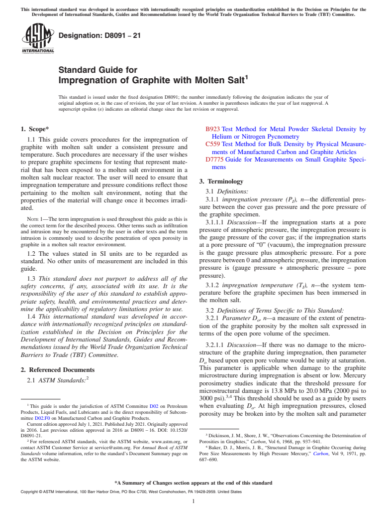 ASTM D8091-21 - Standard Guide for Impregnation of Graphite with Molten Salt