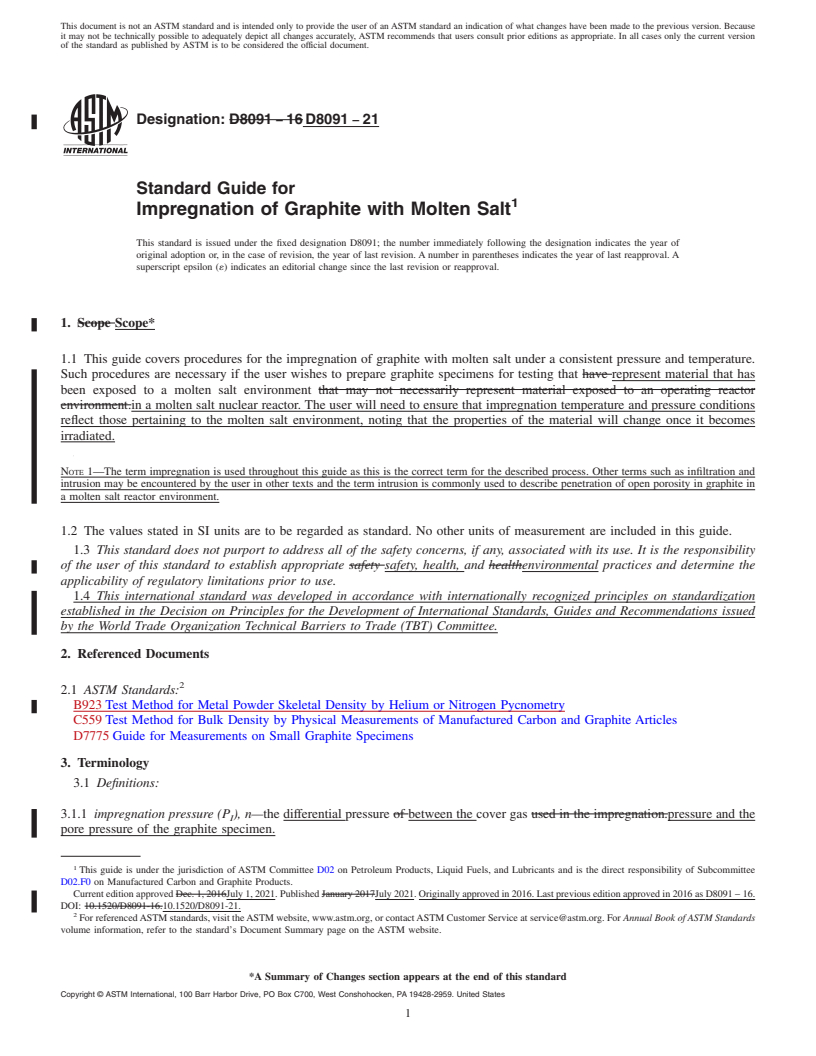 REDLINE ASTM D8091-21 - Standard Guide for Impregnation of Graphite with Molten Salt