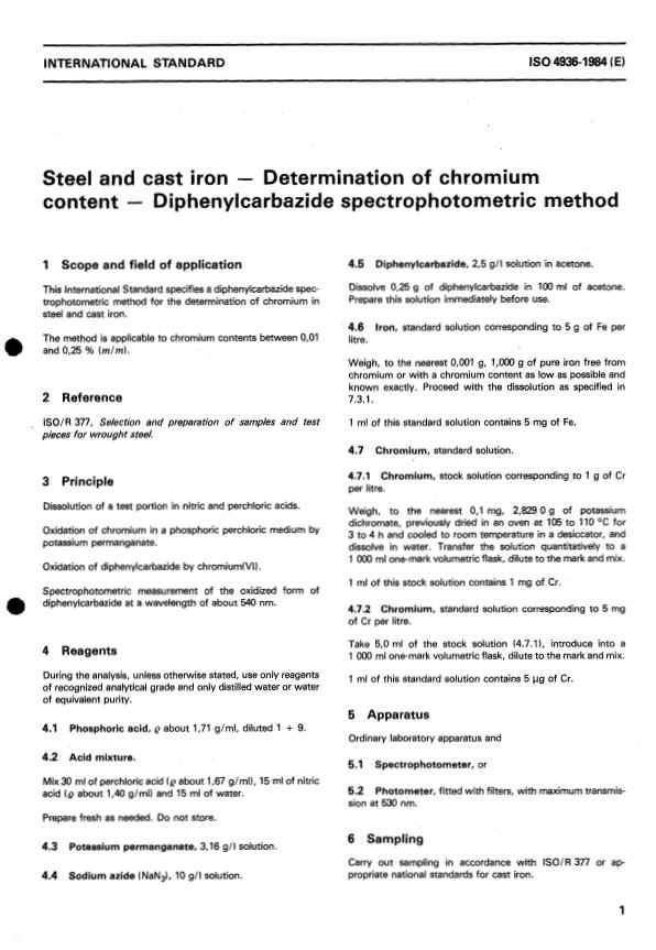 ISO 4936:1984 - Steel and cast iron -- Determination of chromium content -- Diphenylcarbazide spectrophotometric method