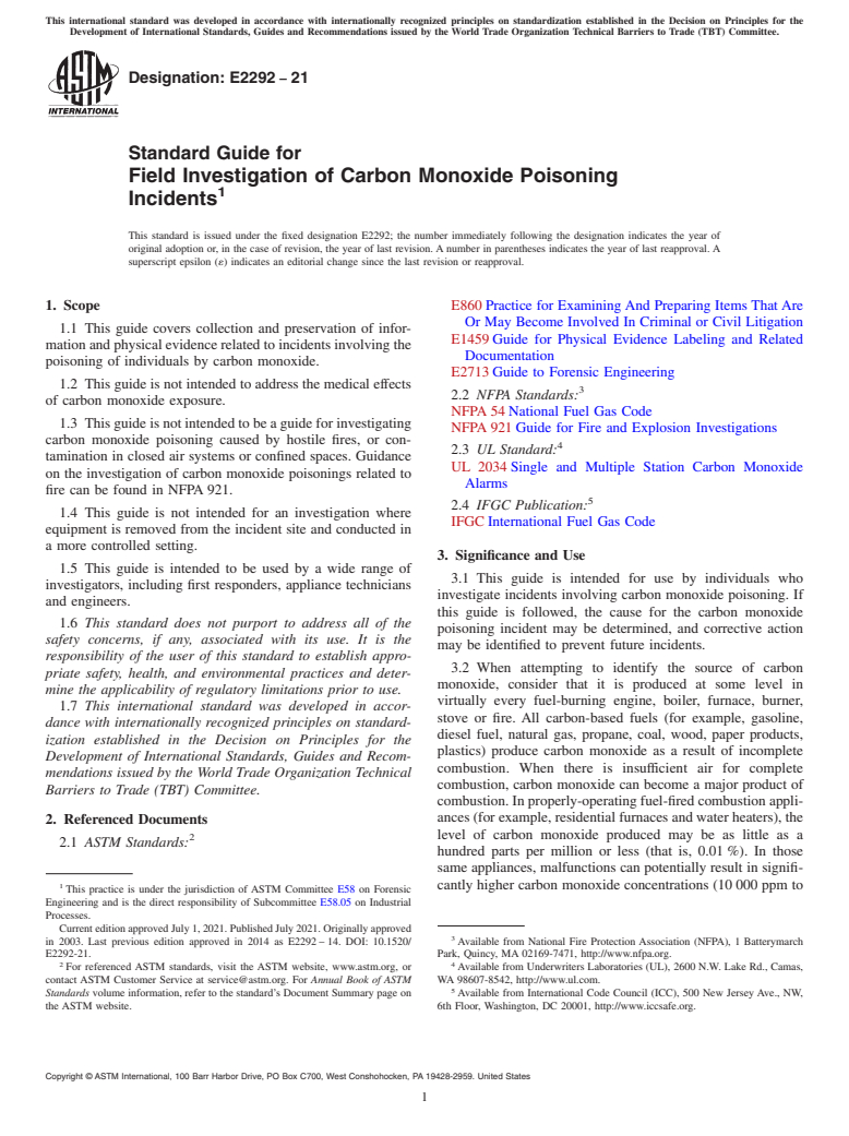 ASTM E2292-21 - Standard Guide for  Field Investigation of Carbon Monoxide Poisoning Incidents