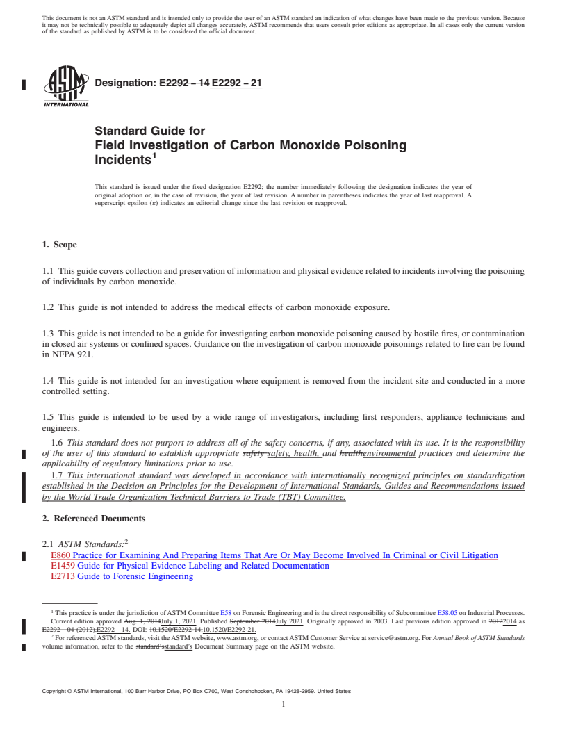 REDLINE ASTM E2292-21 - Standard Guide for  Field Investigation of Carbon Monoxide Poisoning Incidents