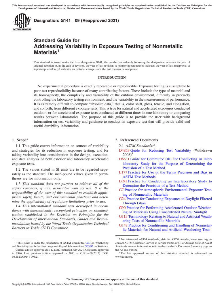 ASTM G141-09(2021) - Standard Guide for  Addressing Variability in Exposure Testing of Nonmetallic Materials