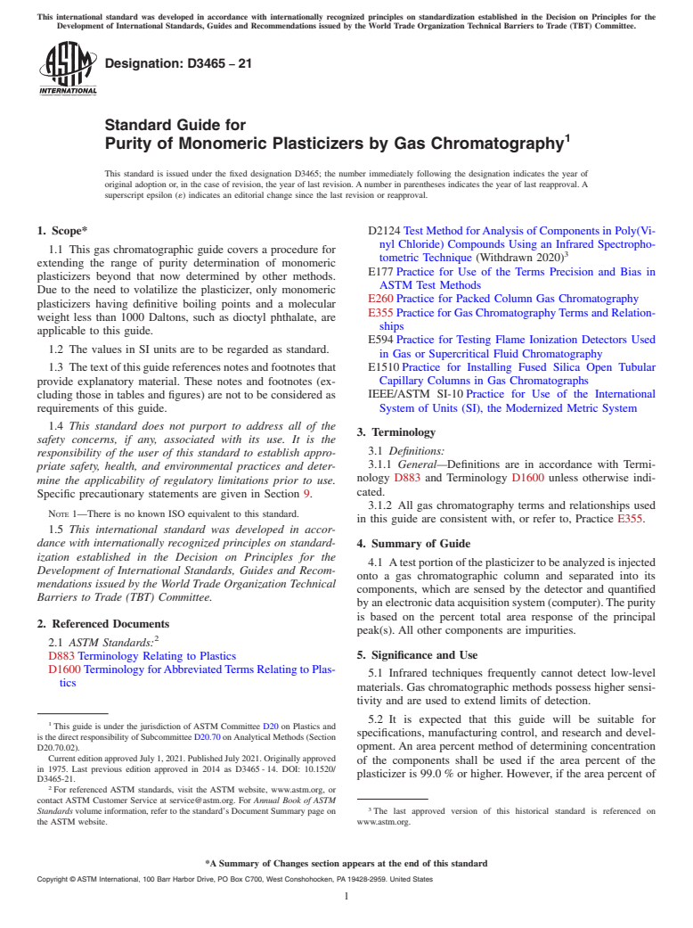 ASTM D3465-21 - Standard Guide for Purity of Monomeric Plasticizers by Gas Chromatography