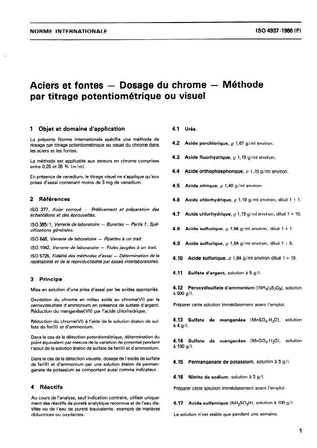 ISO 4937:1986 - Aciers et fontes -- Dosage du chrome -- Méthode par titrage potentiométrique ou visuel