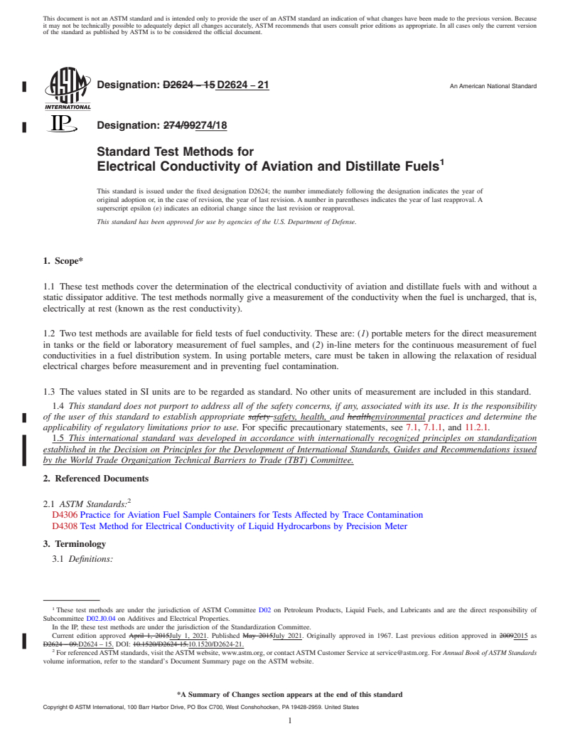 REDLINE ASTM D2624-21 - Standard Test Methods for  Electrical Conductivity of Aviation and Distillate Fuels