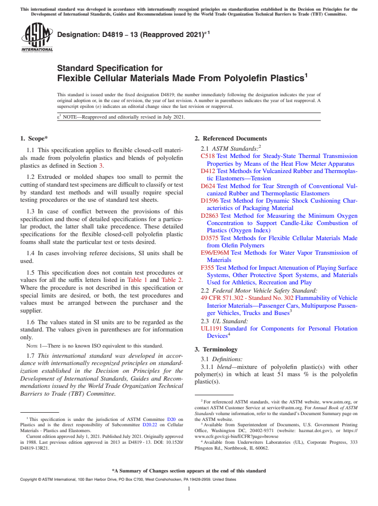 ASTM D4819-13(2021)e1 - Standard Specification for  Flexible Cellular Materials Made From Polyolefin Plastics