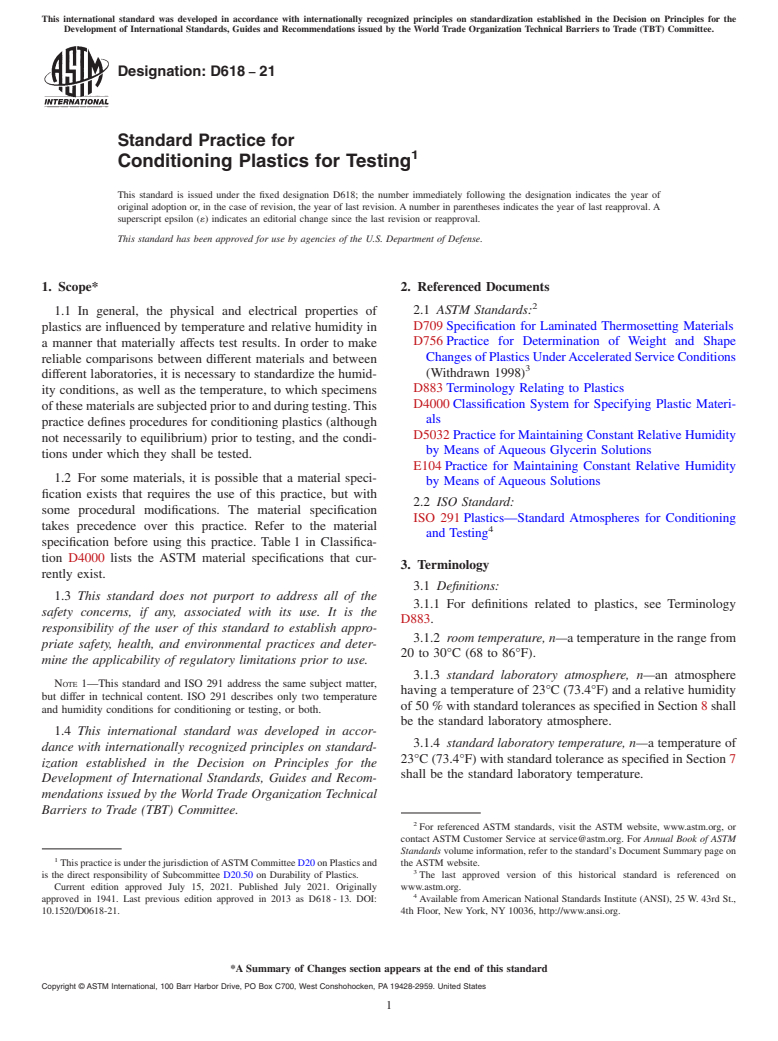 ASTM D618-21 - Standard Practice for  Conditioning Plastics for Testing