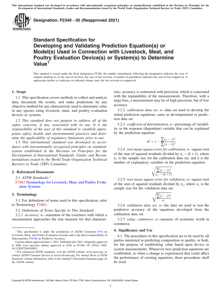 ASTM F2340-05(2021) - Standard Specification for  Developing and Validating Prediction Equation(s) or Model(s)  Used in Connection with Livestock, Meat, and Poultry Evaluation Device(s)  or System(s) to Determine Value