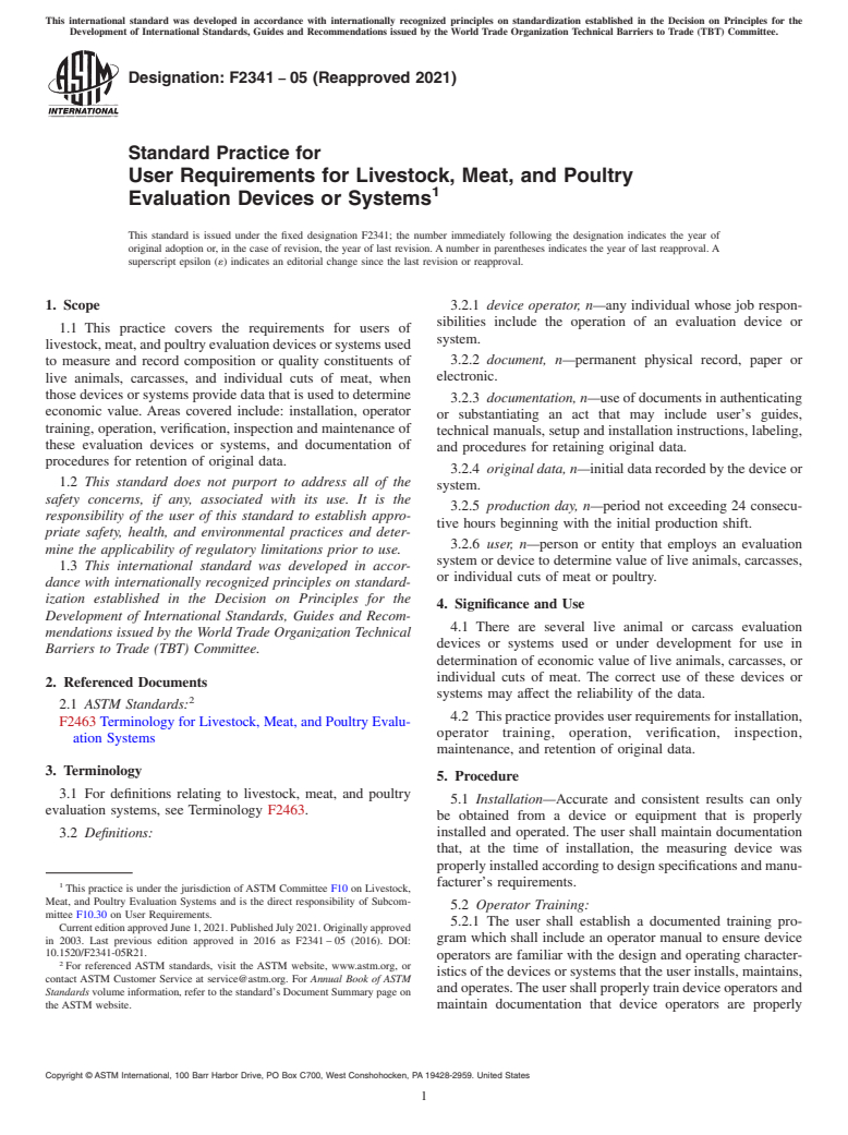 ASTM F2341-05(2021) - Standard Practice for User Requirements for Livestock, Meat, and Poultry Evaluation  Devices or Systems