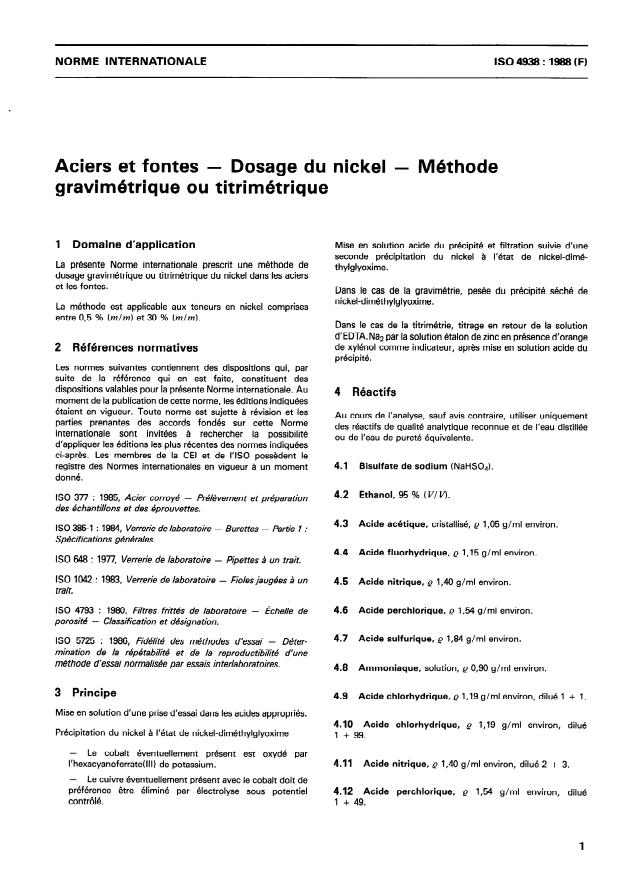 ISO 4938:1988 - Aciers et fontes -- Dosage du nickel -- Méthode gravimétrique ou titrimétrique