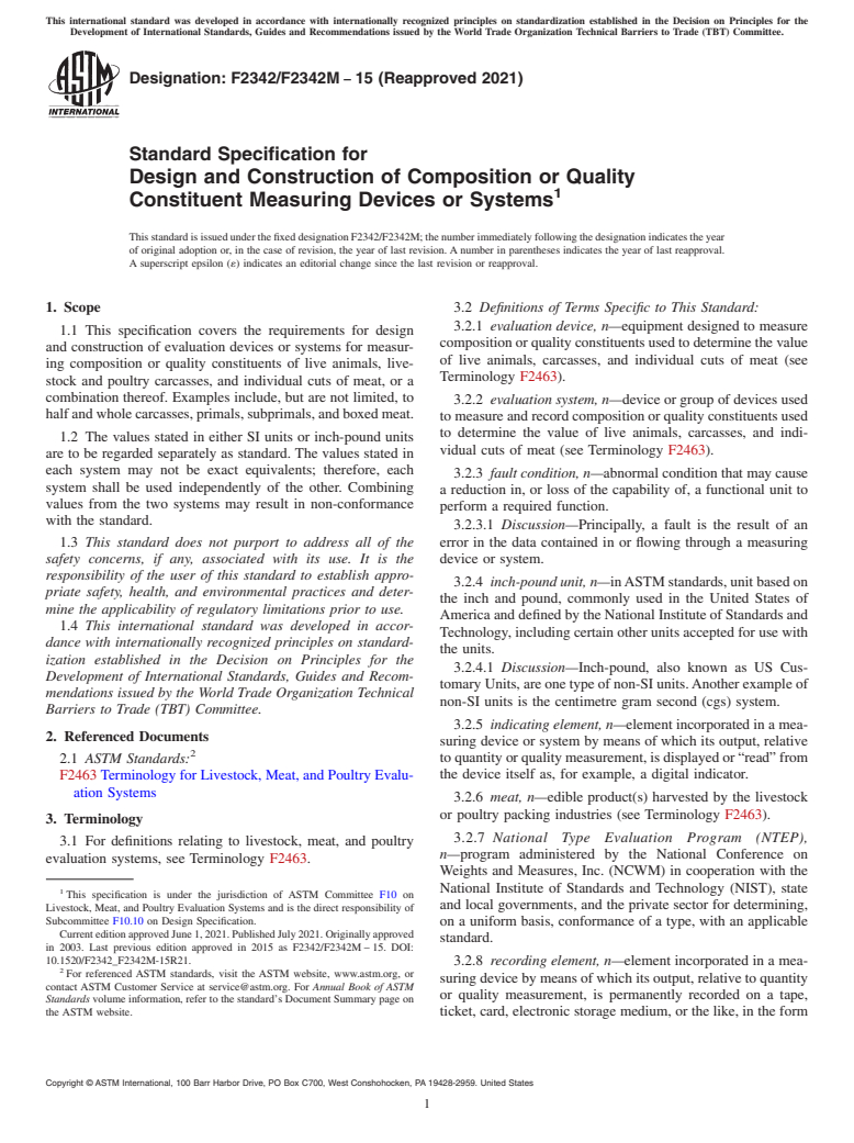 ASTM F2342/F2342M-15(2021) - Standard Specification for  Design and Construction of Composition or Quality Constituent  Measuring Devices or Systems