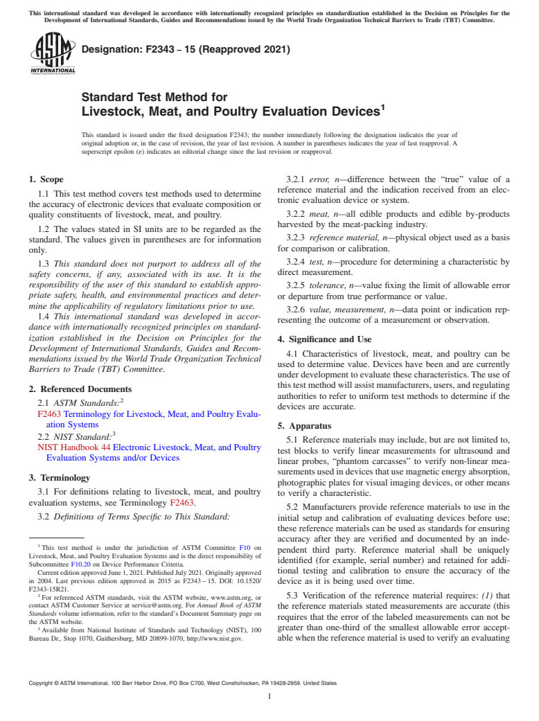 ASTM F2343-15(2021) - Standard Test Method for Livestock, Meat, and Poultry Evaluation Devices