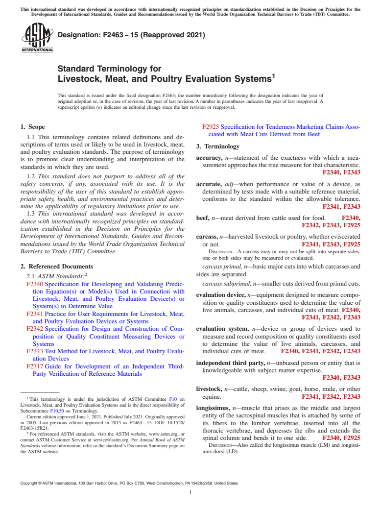 ASTM F2463-15(2021) - Standard Terminology for  Livestock, Meat, and Poultry Evaluation Systems