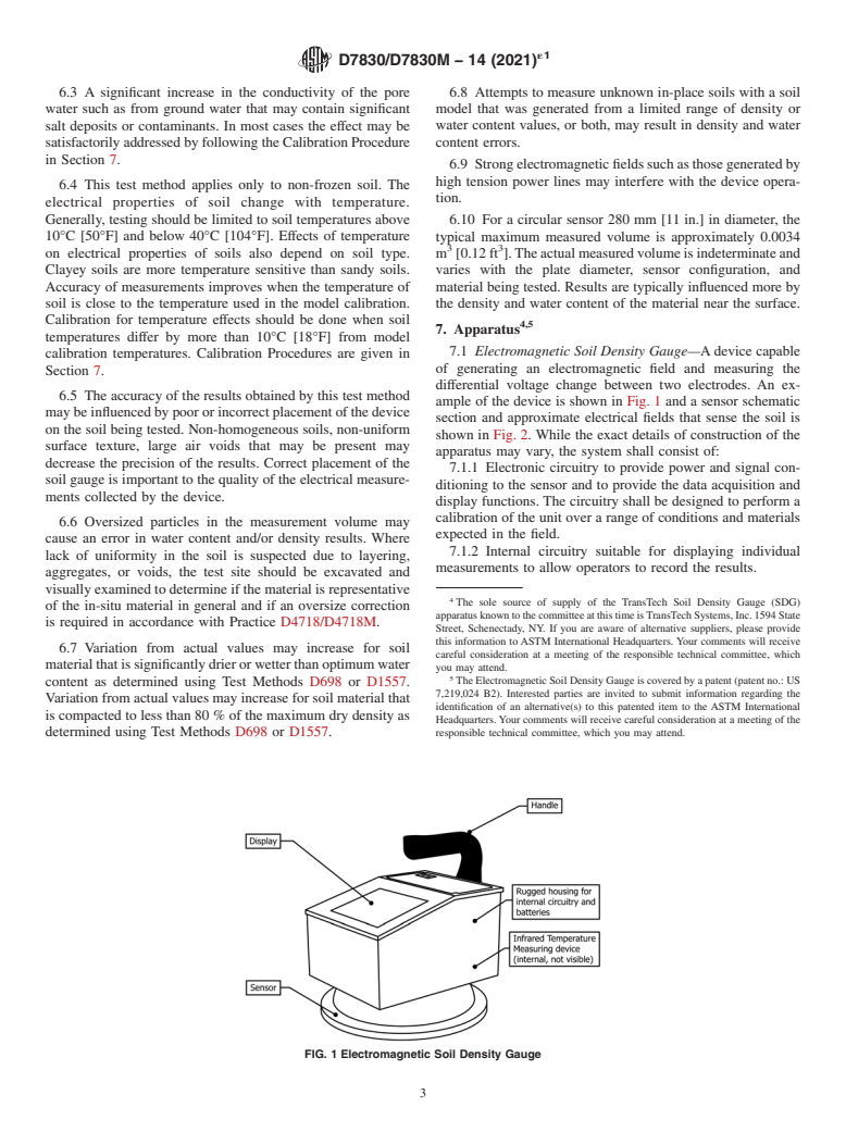 ASTM D7830/D7830M-14(2021)e1 - Standard Test Method for In-Place Density (Unit Weight) and Water Content of Soil Using  an Electromagnetic Soil Density Gauge