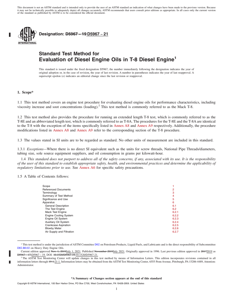 REDLINE ASTM D5967-21 - Standard Test Method for Evaluation of Diesel Engine Oils in T-8 Diesel Engine