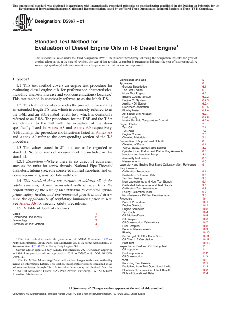 ASTM D5967-21 - Standard Test Method for Evaluation of Diesel Engine Oils in T-8 Diesel Engine