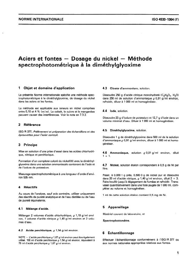 ISO 4939:1984 - Aciers et fontes -- Dosage du nickel -- Méthode spectrophotométrique a la diphénylcarbazide