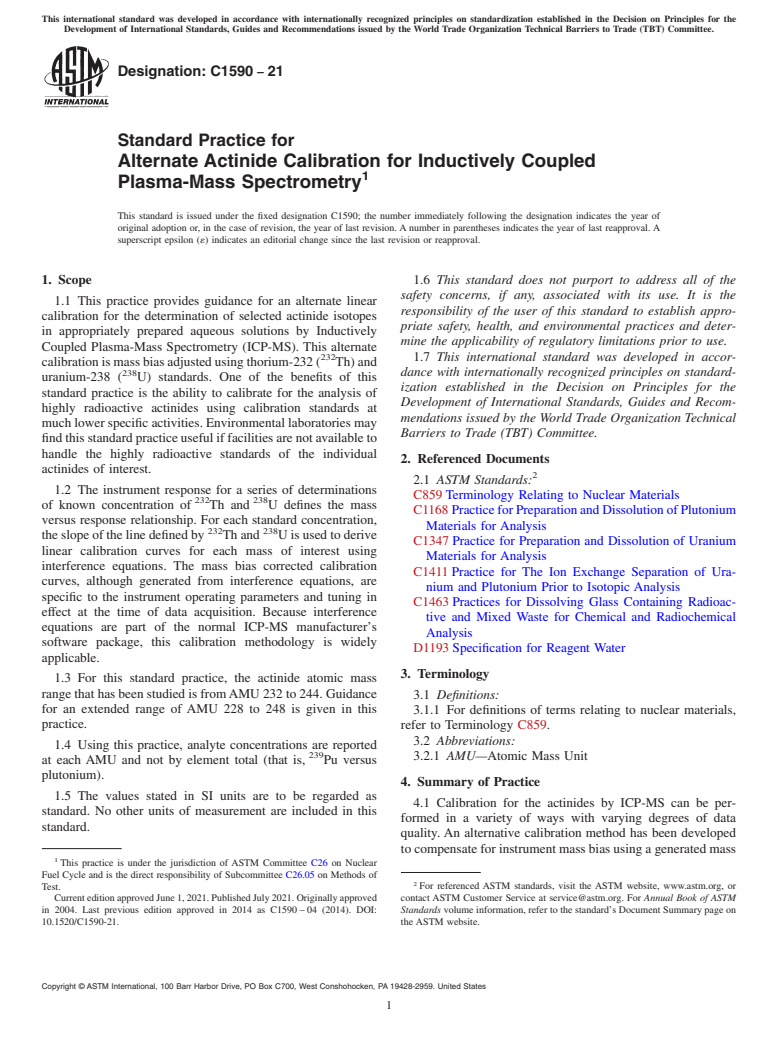 ASTM C1590-21 - Standard Practice for  Alternate Actinide Calibration for Inductively Coupled Plasma-Mass  Spectrometry