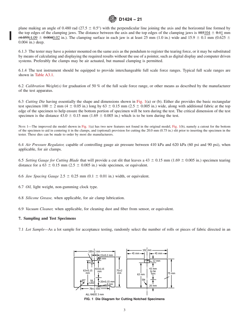 REDLINE ASTM D1424-21 - Standard Test Method for  Tearing Strength of Fabrics by Falling-Pendulum (Elmendorf-Type)  Apparatus