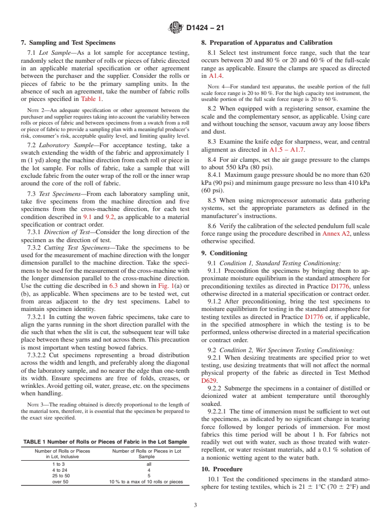 ASTM D1424-21 - Standard Test Method for  Tearing Strength of Fabrics by Falling-Pendulum (Elmendorf-Type)  Apparatus