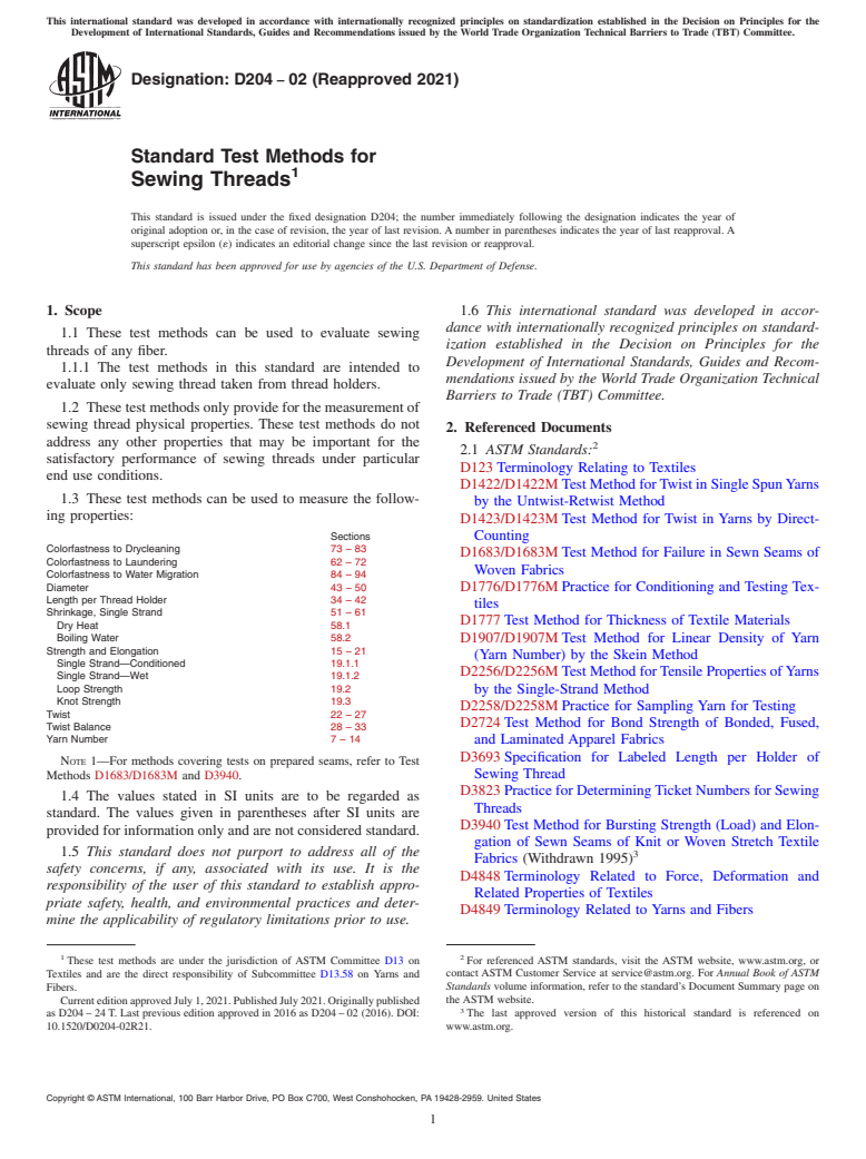 ASTM D204-02(2021) - Standard Test Methods for Sewing Threads