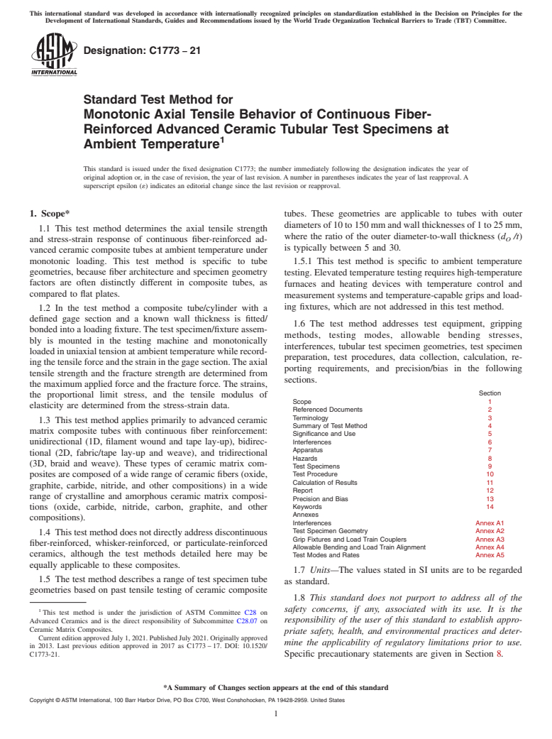 ASTM C1773-21 - Standard Test Method for Monotonic Axial Tensile Behavior of Continuous Fiber-Reinforced  Advanced Ceramic Tubular Test Specimens at Ambient Temperature