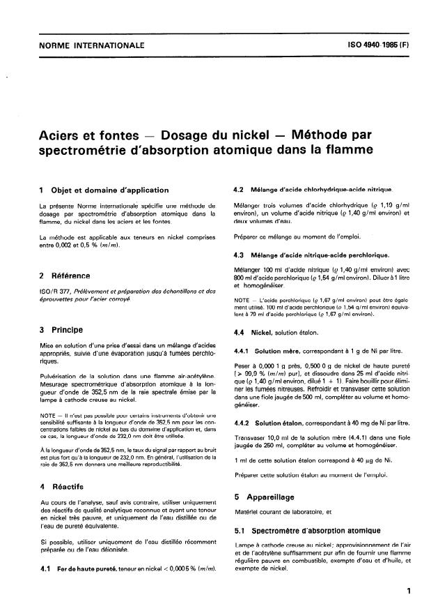 ISO 4940:1985 - Aciers et fontes -- Dosage du nickel -- Méthode par spectrométrie d'absorption atomique dans la flamme