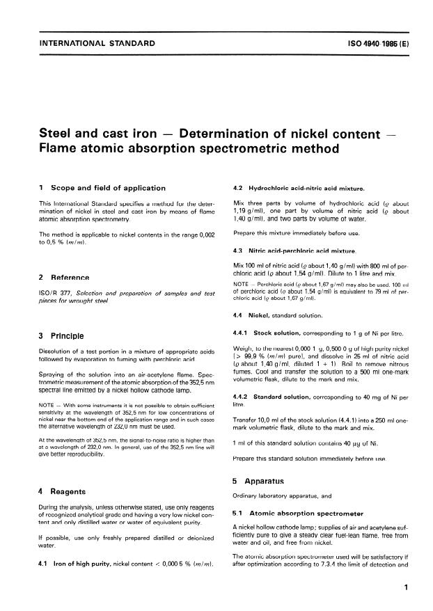 ISO 4940:1985 - Steel and cast iron -- Determination of nickel content -- Flame atomic absorption spectrometric method