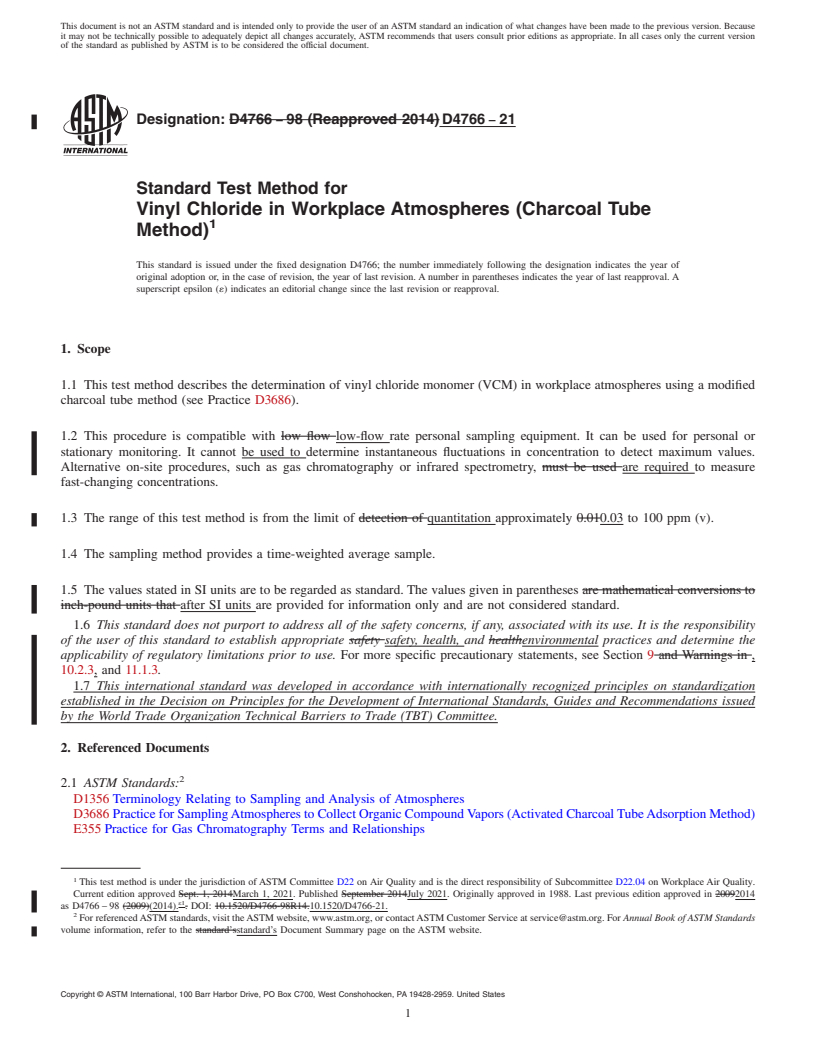 REDLINE ASTM D4766-21 - Standard Test Method for  Vinyl Chloride in Workplace Atmospheres (Charcoal Tube Method)