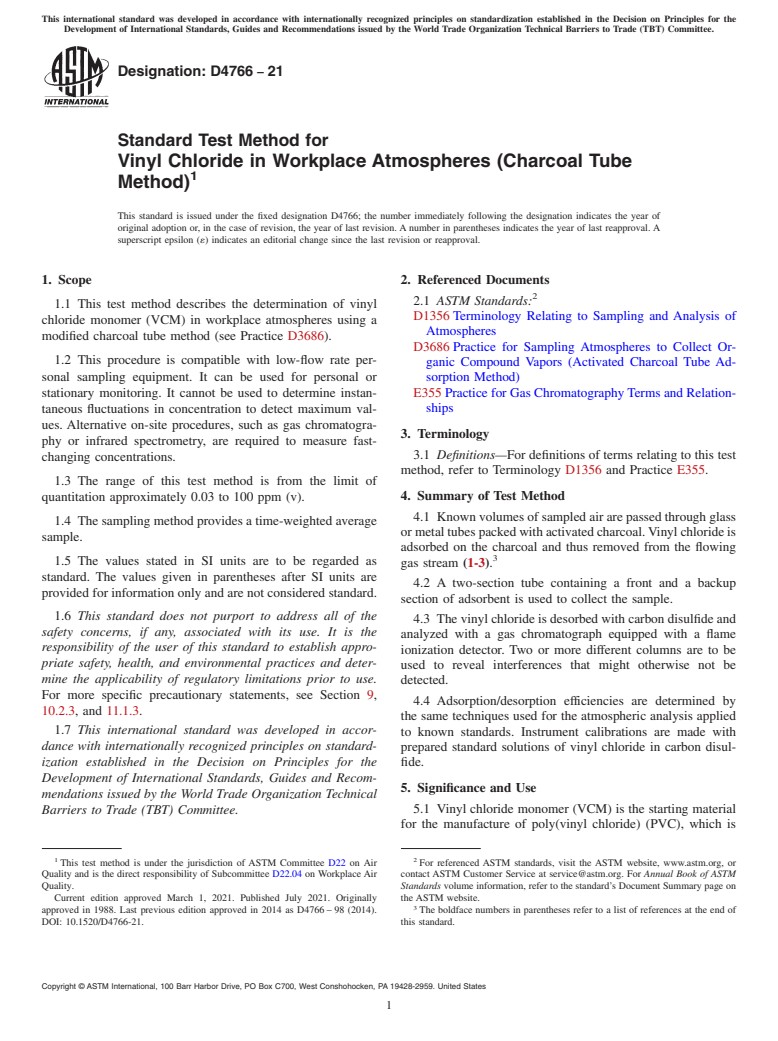 ASTM D4766-21 - Standard Test Method for  Vinyl Chloride in Workplace Atmospheres (Charcoal Tube Method)