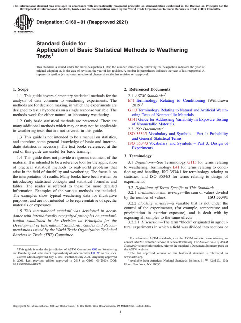 ASTM G169-01(2021) - Standard Guide for  Application of Basic Statistical Methods to Weathering Tests