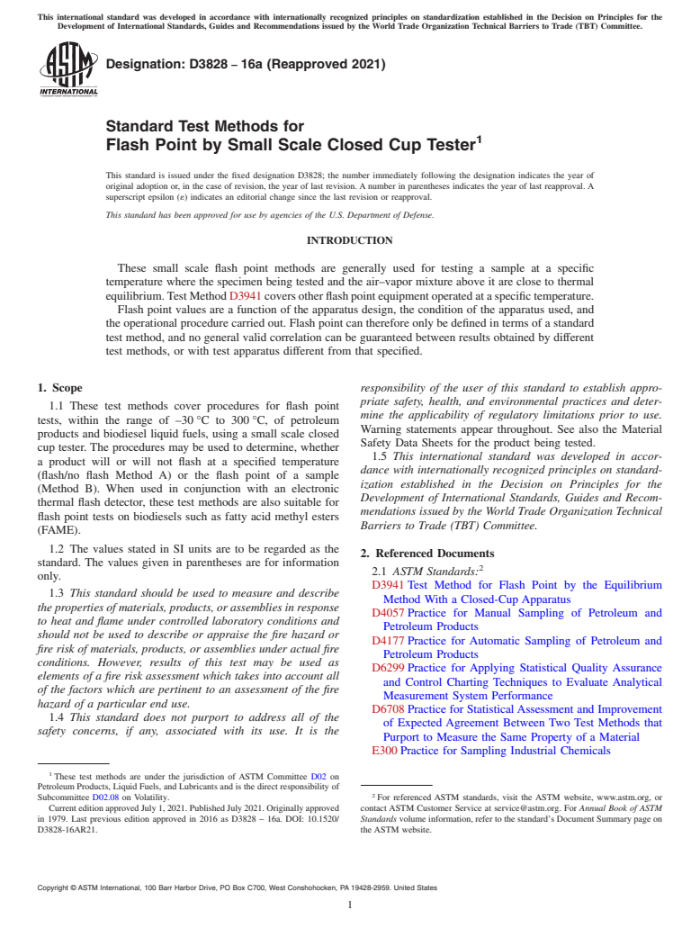 ASTM D3828-16a(2021) - Standard Test Methods for Flash Point by Small Scale Closed Cup Tester